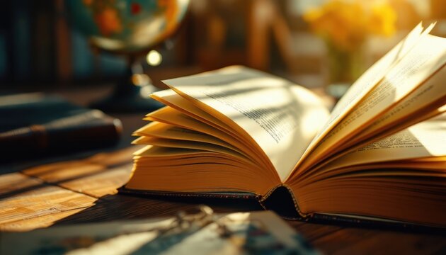 Open book on sunlit wooden table with globe and flowers in background