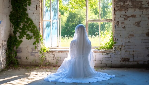Bride in Serene Abandoned Building with Nature View