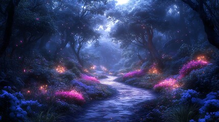 Obraz premium Enchanted Forest Path Glowing With Magical Blooms