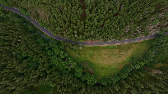 Aerial view of a winding road through a lush forest with a car, Nova Ves, Czech Republic.