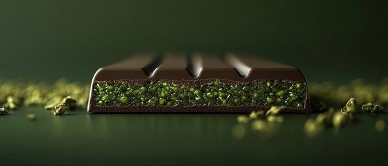 A cannabis chocolate bar with a bright green interior that slightly overflows from a broken edge, displayed on a deep dark green background for a powerful and eye-catching look.
