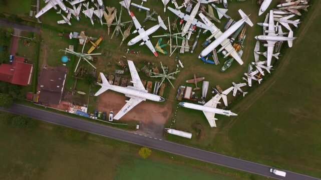 Zruc Senec, Czech Republic - 01 December 2024: Aerial view of an abandoned airplane graveyard in an air park, Zruc Senec, Czech Republic.
