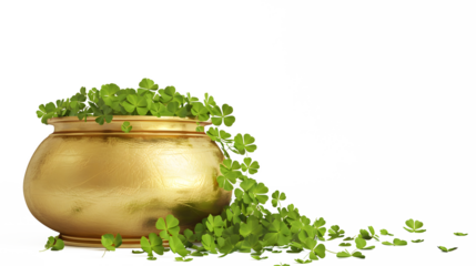 A golden pot with a cascade of shamrocks spilling out, isolated on white background, cut out 
