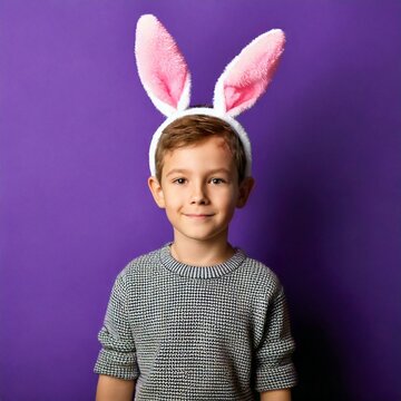 Menino com tiara de coelho em fundo roxo