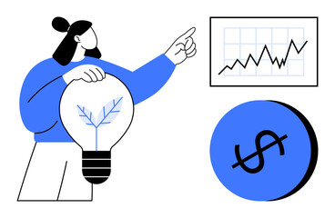 Person holding light bulb with plant inside, pointing at rising graph besides a dollar sign coin. Ideal for business development, innovation, growth, investment, finance, sustainability