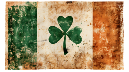 A vintage Irish flag with faded colors and a shamrock overlay, isolated on white background, cut out