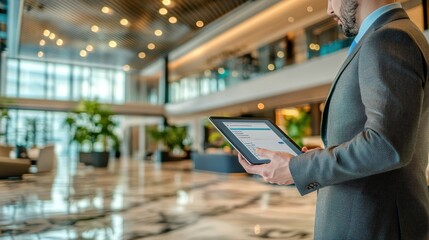 Professional Man Showing Tablet in Modern Lobby