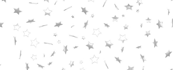 Abstract pattern of random falling silver stars on white background.