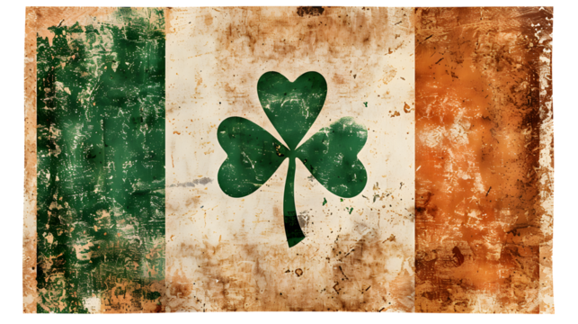 A vintage Irish flag with faded colors and a shamrock overlay, isolated on white background, cut out