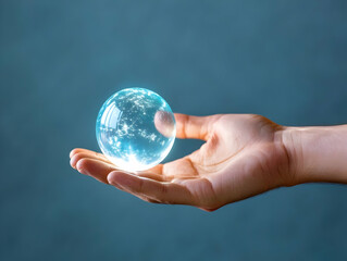Hand holding glowing Earth globe; futuristic background; global connection concept; website banner