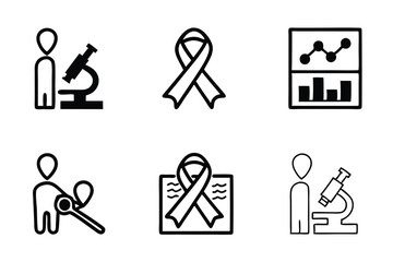 Line art icon set featuring cancer awareness ribbons, microscopes, and data charts, emphasizing research, prevention, and advocacy, world cancer day line art icon set