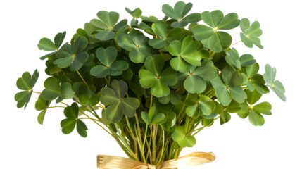 A bouquet of fresh clovers tied with a golden ribbon, isolated on white background, cut out 