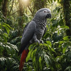 Fototapeta premium A resplendent African grey parrot surrounded by cascading green vines in a sunlit rainforest.