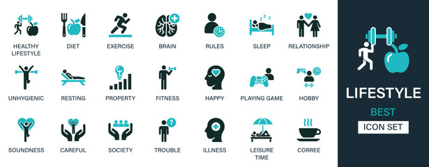 Lifestyle icon set collection. Healthy, diet, exercise, brain, rules, sleep, relationship, unhygienic, resting, property, fitness, happy, and best solid icon set.