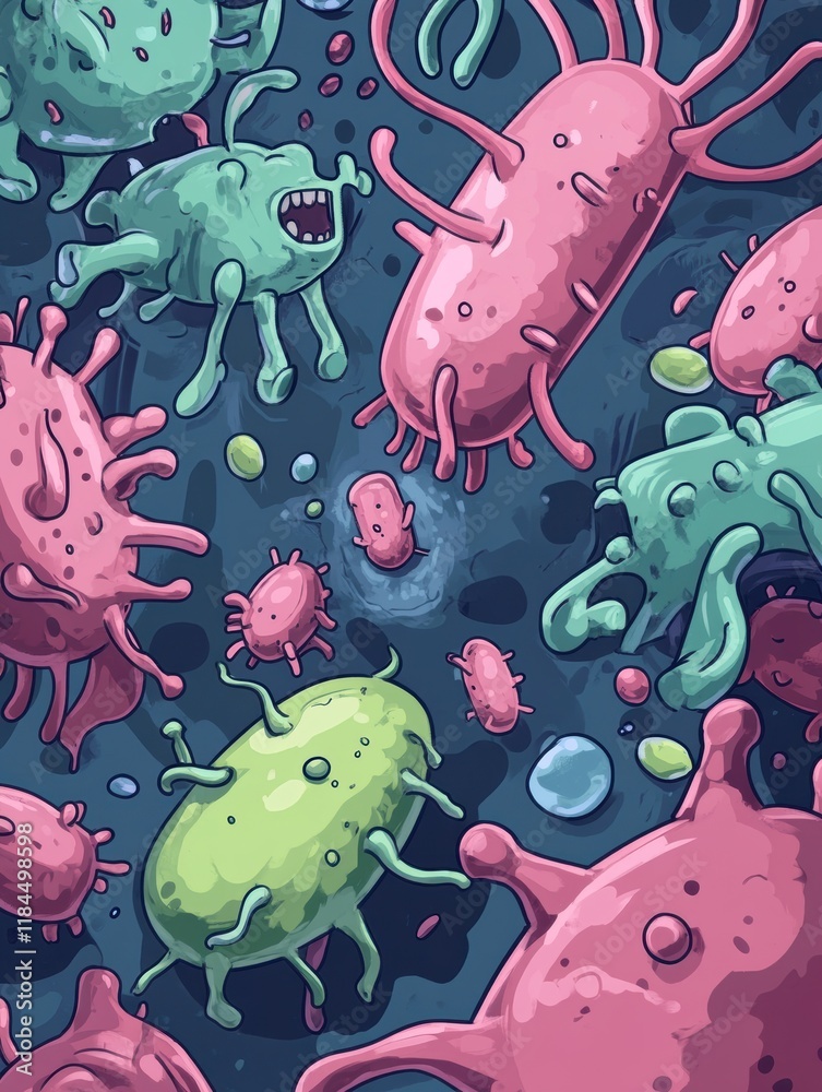 Poster bacteria in cartoon style engage in battle with antibodies in colorful microbial world. generative a