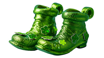 A pair of leprechaun shoes with green sparkles and shamrock decorations, isolated on white background, cut out 