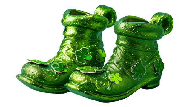 A pair of leprechaun shoes with green sparkles and shamrock decorations, isolated on white background, cut out 
