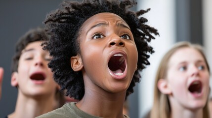 Argument during a choir practice, with a conductor trying to calm down the group