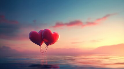 Fototapeta premium Heart Balloons at Sunset: A Romantic Seascape