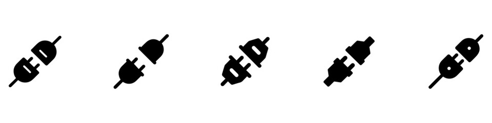 Power plug icon set. Various five types of monochrome icons. Connection, socket with a plug, icons. Included or unplugged electric plug with socket. Vector illustration. EPS 10