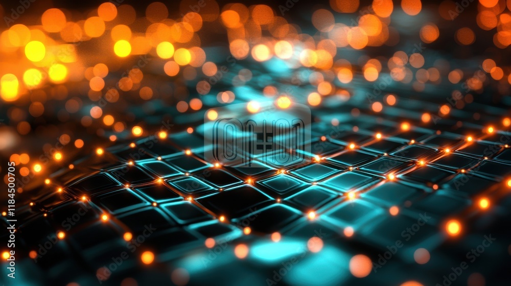 Poster glowing futuristic digital network backdrop with luminous bokeh lights and wireframe pattern
