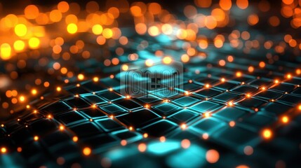 Obraz premium Glowing Futuristic Digital Network Backdrop with Luminous Bokeh Lights and Wireframe Pattern