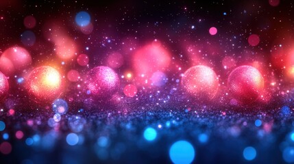 Fototapeta premium Abstract glowing pink, blue, and red bokeh lights on glitter background.