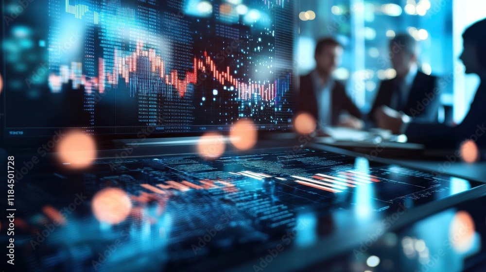 Poster digital financial data analytics and trading dashboard on multiple screens