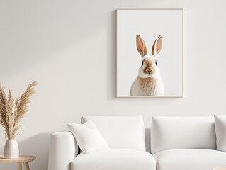 Minimalist Living Room with Rabbit Art Print on Wall
