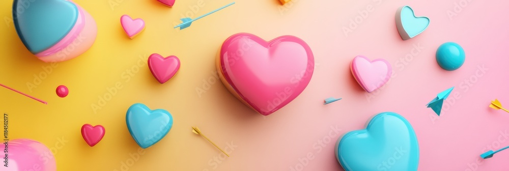 Aufkleber colorful 3d floating chat bubbles, hearts, and arrows on a vibrant gradient background for a cheerfu
