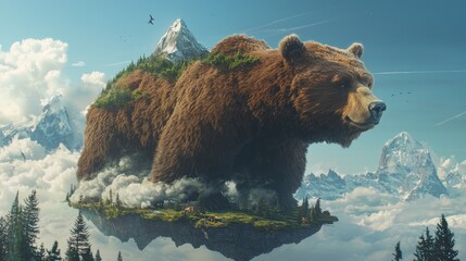 Grizzly Bear Carrying Mountaintop Island Floating Among Clouds