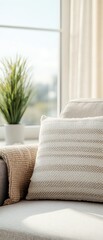 Beige striped throw pillow on sofa