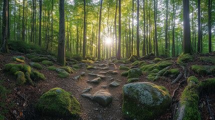 Fototapeta premium Sunlit Forest Pathway Surrounded by Lush Greenery and Stones