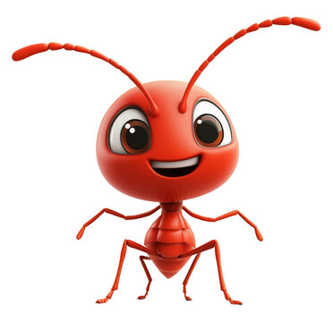 Adorable cartoon red ant with cheerful expression isolated on a transparent background