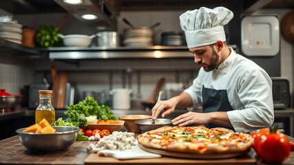 Cook wearing an apron preparing a pizza in a busy restaurant kitchen, restaurant, pizza, ingredients