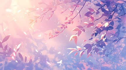 A soft, pastel-colored spring scene featuring foliage leaves in shades of pink and purple, designed in anime style.