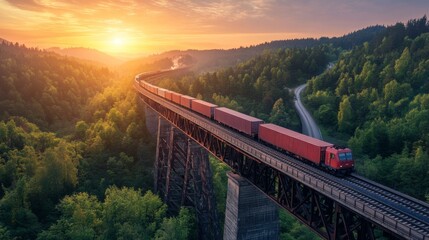 Obraz premium Freight train journey at sunrise scenic bridge landscape photography natural environment captivating view adventure theme