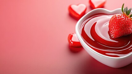 Strawberry with red syrup in heart-shaped bowl against background