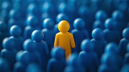 Yellow figure stands out among blue crowd. Business concept. HR strategy. Finding right people. Organizational psychology. Distinct person. Potential employee. Diversity. Inclusion. Leadership.