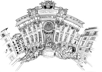 Trevi fountain, Rome, Italy, hand drawn urban architectural sketch, black and white illustration