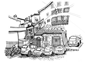 Ancient street with old houses in little italian town, hand drawn urban architectural sketch, black and white illustration
