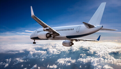 Obraz premium Un avion de pasajeros volando entre nubes y un cielo azul