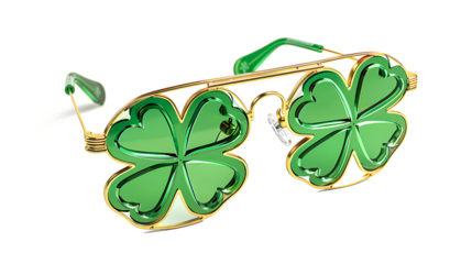 A pair of green and gold party glasses shaped like shamrocks, isolated on white background, cut out 