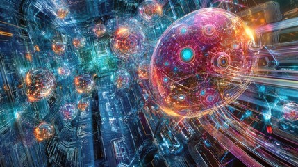 Obraz premium Visualization of quantum neural networks, with quantum circuits and qubits processing data through advanced machine learning algorithms in a futuristic setup
