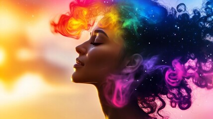 Serene woman with vibrant, colorful hair.  A dreamy, artistic portrait.