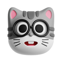 Adorable nerd cat emoji with glasses and buck teeth isolated on transparent background. 3d illustration of cartoon gray cat head.