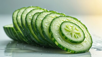 Freshly sliced cucumber with water droplets on a reflective surface.