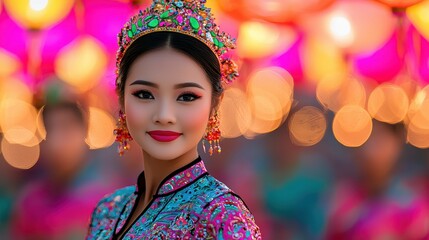 Elegant young woman in traditional costume surrounded by colorful bokeh lights