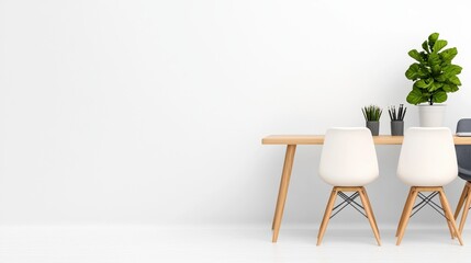 Modern Minimalist Workspace with White Chairs and Green Plants