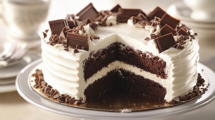 Decadent Chocolate Cake: Creamy Frosting, Chocolate Shavings, Elegant Dessert